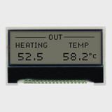 Front view of a 128x32 graphic COG LCD showing black text on a dark FSTN background depicting backlight off.
