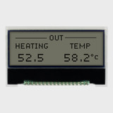 Front view of a 128x32 graphic COG LCD showing black text on an unlit FSTN+ gray background.