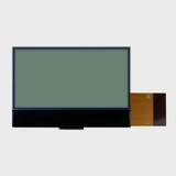 Front view of a 128x64 graphic COG LCD showing blank green screen indicating the display is powered off.