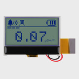 Front view of a 128x64 pixel graphic COG LCD with attached 30-pin FFC and backlight power cables, showing a simple informational readout in dark text on an unlit STN+ gray screen.