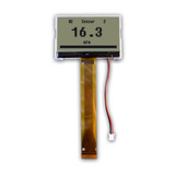 Front view of a PCB-less 128x64 pixel graphic LCD with attached 30-pin FPC and backlight power cables, showing dark text on an unlit FSTN+ gray screen.