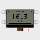 Front view of a 128x64 graphic COG LCD with mounting tabs showing black pixels on a dark gray background indicating the backlight is off.