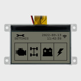 Front view of a 128x64 graphic COG LCD with mounting tabs showing automotive diagnostics in black pixels on a dark gray background indicating the backlight is off.