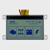 Front view of a 128x64 pixel graphic COG LCD with mounting tabs showing dark automotive icons on an unlit STN+ gray screen.