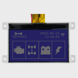 Front view of a 128x64 graphic COG LCD showing automotive diagnostics in dark gray pixels on a dark blue background depicting backlight is off.