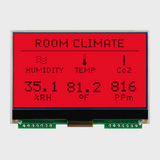 Front view of a 128x64 graphic COG LCD showing an animation of black pixels over backlight colors shifting from red to purple to blue to aqua to green to yellow, off and loop repeated.