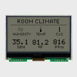 Front view of a 128x64 graphic COG LCD showing black text on a dark FSTN background depicting backlight off.