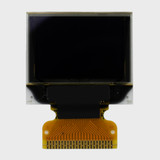 Front view of a 96x64 pixel graphic OLED display with an attached 23-pin FFC cable, and an inactive black screen.