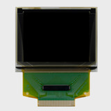 Front view of a 128x96 pixel graphic OLED display with an attached 30-pin FFC cable and an inactive black screen.