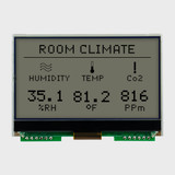 Front view of a 128x64 pixel graphic COG LCD showing thermostat information in black pixels on an unlit FSTN+ gray background.