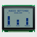 Front view of a 128x64 pixel graphic LCD showing a simple audio system menu made of dark pixels on an unlit STN+ gray screen.