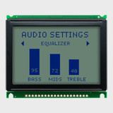 Front view of a 128x64 pixel graphic LCD showing an audio balancing menu in dark pixels on an unlit STN+ gray background.