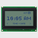 Front view of a 128x64 pixel graphic LCD showing a simple information readout made of dark pixels on an unlit STN+ gray screen.