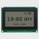 Front view of a 128x64 pixel graphic LCD showing a simple information readout made of dark pixels on an unlit FSTN+ gray screen.
