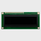 Front view of a 16x2 character OLED display module on a green PCB with an inactive black screen.