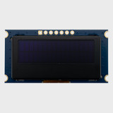 Front view of a 16x2 character modular OLED display on a blue PCB with an inactive black screen.