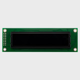 Front view of a 20x2 character OLED display module on a green PCB with an inactive black screen.