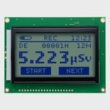 Front view of a 128x64 graphic LCD module showing dark blue pixels on a dark gray background indicating the display backlight is powered off.