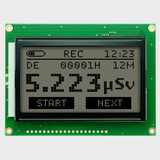 Front view of a 128x64 graphic LCD module showing black pixels on a dark gray background indicating the display backlight is powered off.