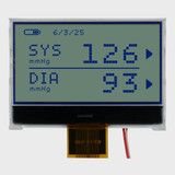 Front view of a 128x65 graphic COG LCD showing blue pixels on a green background display depicting backlight off.