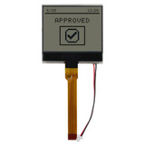 Front view of a PCB-less 160x100 pixel graphic LCD with attached 14-pin FPC and backlight power cables, showing dark text on an unlit FSTN+ gray screen.