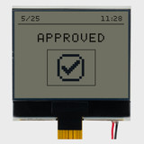 Front view of a 160x100 pixel graphic COG LCD showing a simple transaction approval message and icon in dark text on an unlit FSTN+ gray screen.
