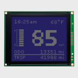 Front view of a 160x128 graphic LCD module showing basic automotive dashboard data with unlit white pixels on a STN negative blue background.