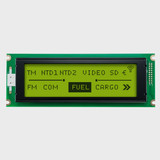Front view of a 240x64 graphic LCD module showing a simple informational readout with dark pixels on an unlit yellow-green screen.