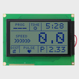 Front view of a 240x128 pixel graphic LCD showing information from a fitness machine made of dark pixels on an unlit STN+ gray screen.