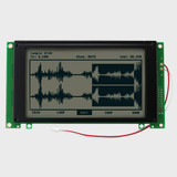 Front view of a 240x128 pixel graphic LCD showing an audio waveform made of dark pixels on an unlit FSTN+ gray screen, with a backlight power cable wrapping around the top.