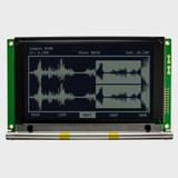 Front view of a 240x128 pixel graphic LCD showing an audio waveform made of white pixels on an unlit FSTN negative black screen.