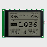 Front view of a 320x240 graphic LCD showing sensor readouts with dark pixels on an unlit FSTN+ gray background