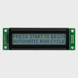 Front view of an unlit 20x2 character LCD with a STN+ gray screen showing a prompt to start a machine in dark text.