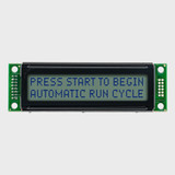 Front view of an unlit 20x2 character LCD with a STN+ gray screen showing a prompt to start a machine in dark text.