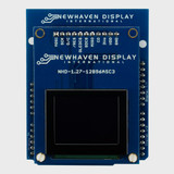 Front view of a blue Arduino shield PCB assembled with a 1.27 color OLED display showing black screen indicating the display is powered off.