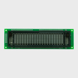 A 20x2 character VFD on a green circuit board with the grid of inactive gray 5x8 dot matrix characters fully visible.