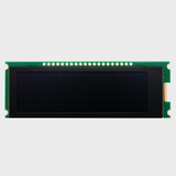 Front view of a 20x4 character slim OLED display module on a green PCB with an inactive black screen.