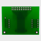 The back of a green circuit board with 2x11 thru-hole connection points.