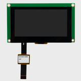 Front view of a 2.7-inch OLED display on a green PCB with an inactive black screen and a 6-pin touchscreen control cable.
