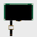Front view of an OLED module with a 128x64 pixel display on a green PCB, showing a monochrome white menu with touch control buttons and a FPC cable for the capacitive touchscreen.