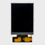 Vorderansicht eines 2,4-Zoll-TFT-LCD-Bildschirms mit angeschlossenem 45-poligem FFC und inaktivem schwarzen Bildschirm.