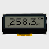 Front view of a 128x32 graphic COG LCD showing dark pixels on an unlit FSTN+ gray screen.