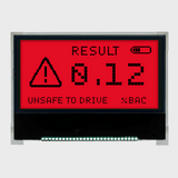 An animated front view of a 128x64 pixel graphic COG LCD showing a breathalyzer readout in dark text on a background that cycles through several different backlight colors.