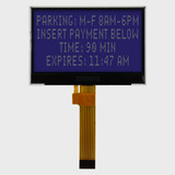 Front view of a 4x20 character LCD showing dark gray text on dark blue screen indicating the backlight is powered off.