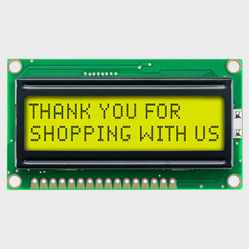 Front view of a 16x2 character LCD with a backlit yellow-green screen showing dark text.