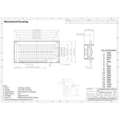 Specifiche di disegno per NHD-0216HZ-FSW-FBW-33V3C