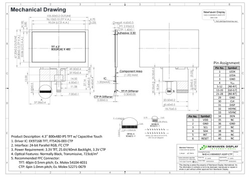 Desenho de especificação para NHD-4.3-800480CF-ASXP-CTP