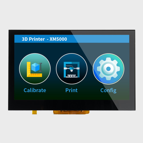 Front view of a bright 800x480 pixel IPS TFT LCD showing a 3D printer's touchscreen controls.