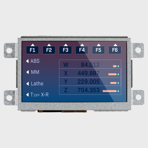 Vooraanzicht van een heldere IPS TFT LCD-module van 800 x 480 pixels met bevestigingsgaten, waarop een industrieel bedieningsmenu te zien is met aanraakgevoelige knoppen en schuifregelaars.