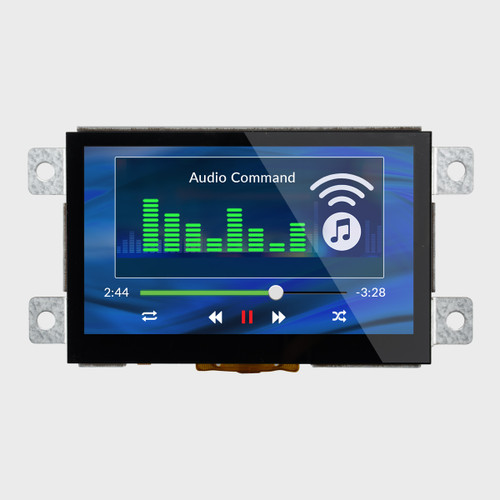 Front view of a bright 800x480 pixel IPS TFT LCD showing an audio player screen with touch-operated buttons.